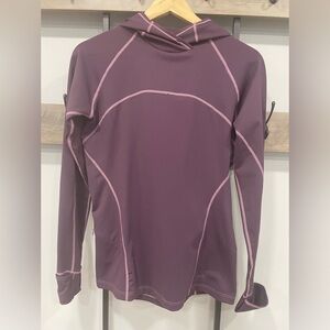 XS REI polyester and spandex long sleeve shirt with hood.